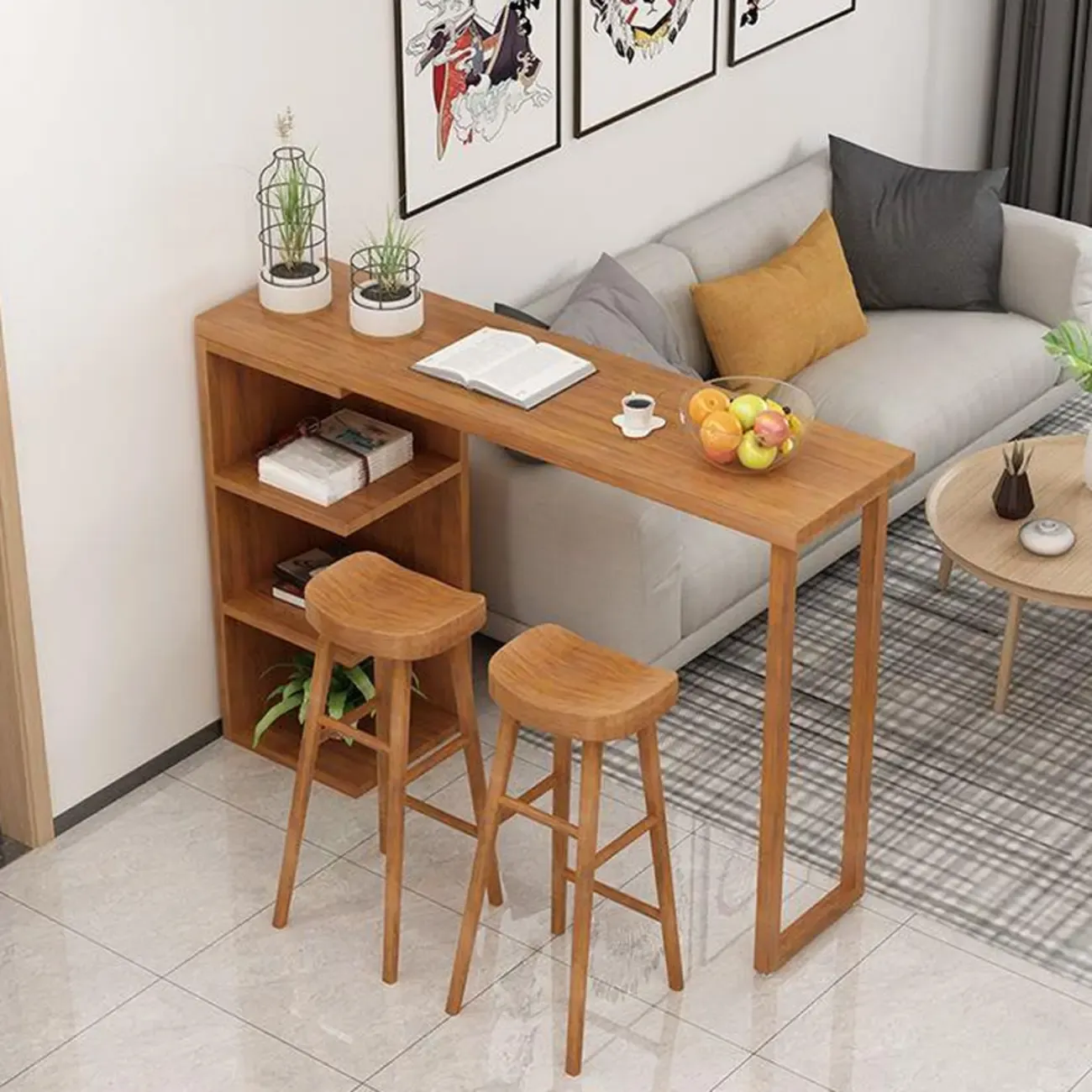 Modern Wooden Bar Height Table with Side Cabinet