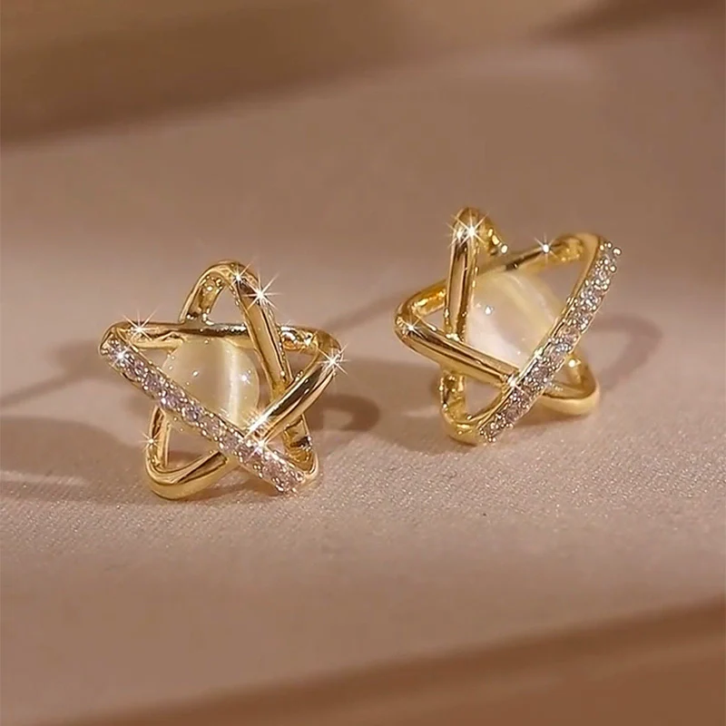 Diamond-set opal star stud earrings temperament simple and versatile earrings niche exquisite ins small and high-end earrings - Deanwangkt