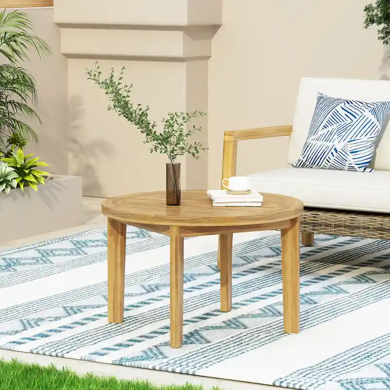 Roomfitters Round Patio Coffee Table, Solid Acacia Wood Slatted Top with Tapered Legs, Natural Wood