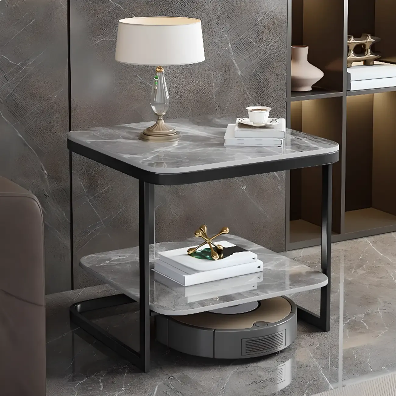 2-Tier C-Shaped Side Table with Shelf