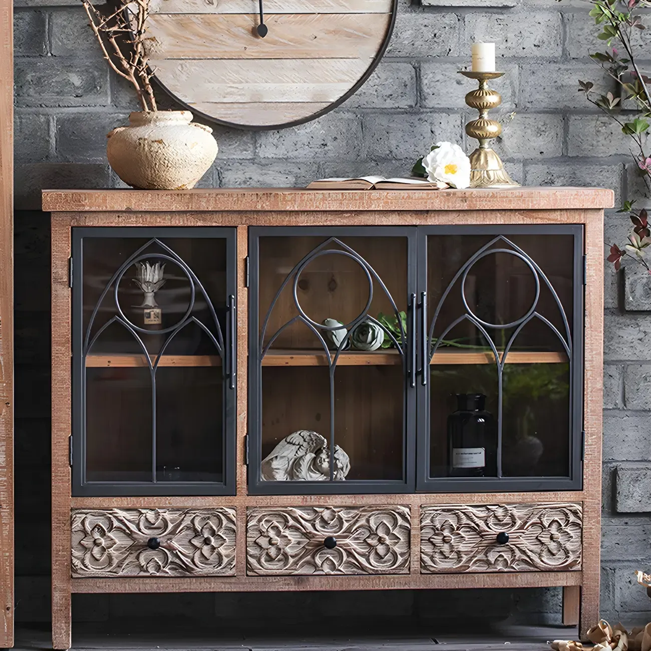 Classic 2-Drawer Brown Medium Wood Glass China Cabinet