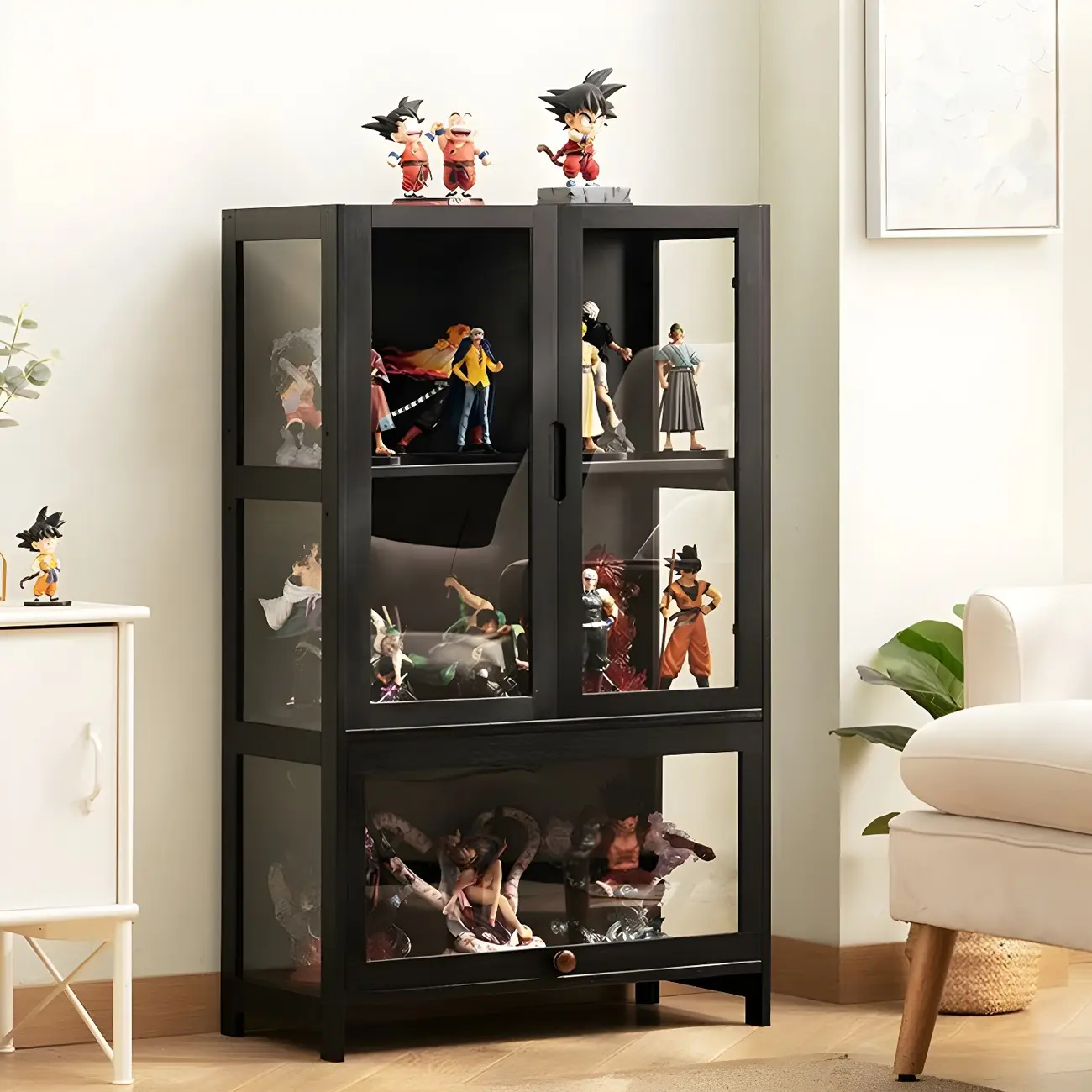 Modern Black Bamboo Adjustable Shelves Glass Display Cabinet