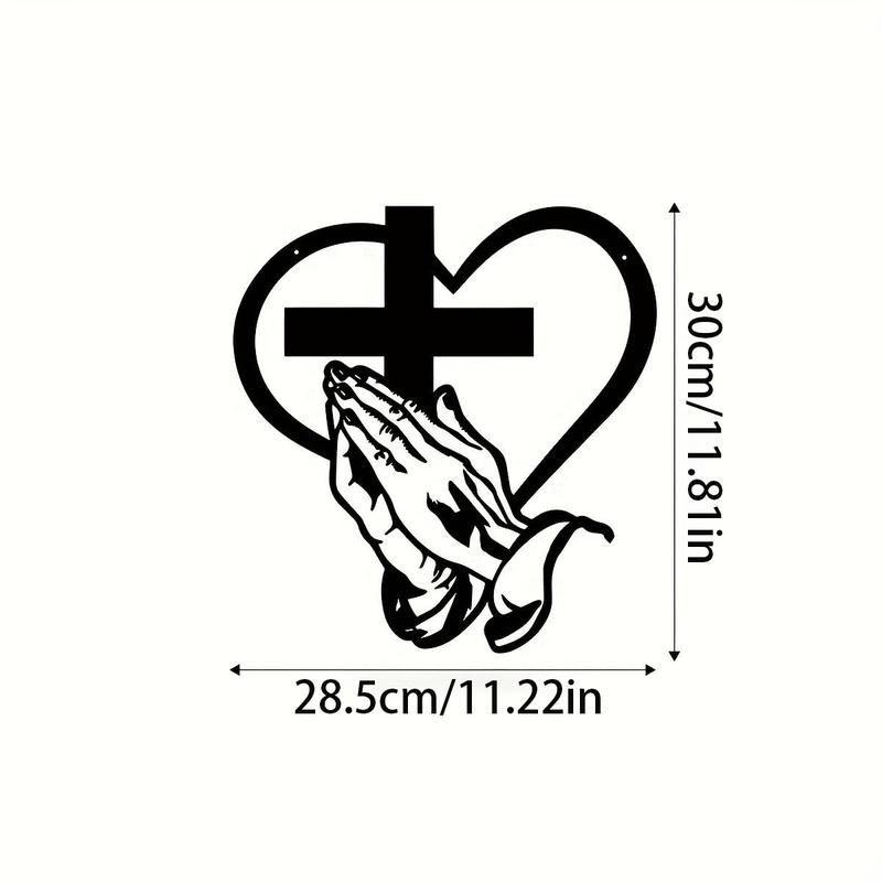 Elegant Metal Christian Heart & Cross Wall Art, Praying Hands Design, Indoor Outdoor Iron Sculpture, Perfect for Living Room Garden Office Farmhouse Decor, Modern Home Decor