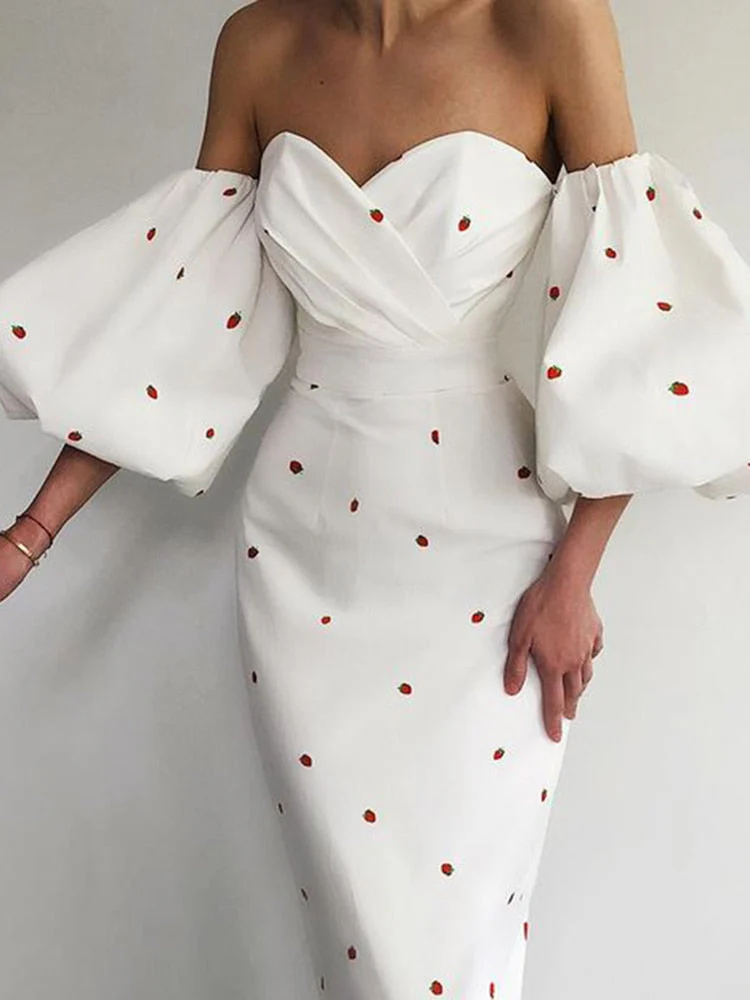 Hulianfu Elegant Women Vintage Dress Lantern Sleeve Strawberry Print Slash Neck Mid Calf Dresses Summer Sexy Casual Female - Deanwangkt