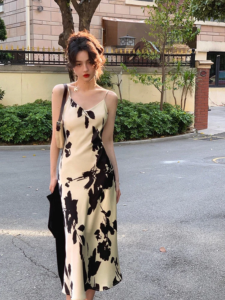 Hulianfu Vintage Elegant Print Spaghetti Strap Midi Dress for Women Party Fashion One Piece Bodycon Prom Robe Vestidos Summer Korean - Deanwangkt