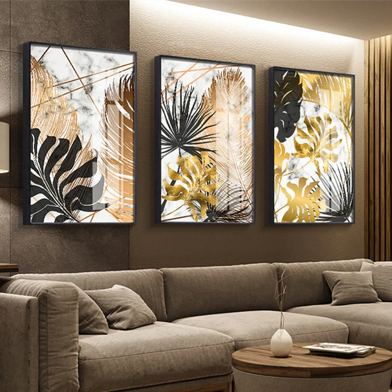 HULIANFU Nordic Golden Abstract Leaf Flower Wall Art Canvas Painting Modern Plant Poster Print Wall Picture Living Room Unique Decoration - Deanwangkt