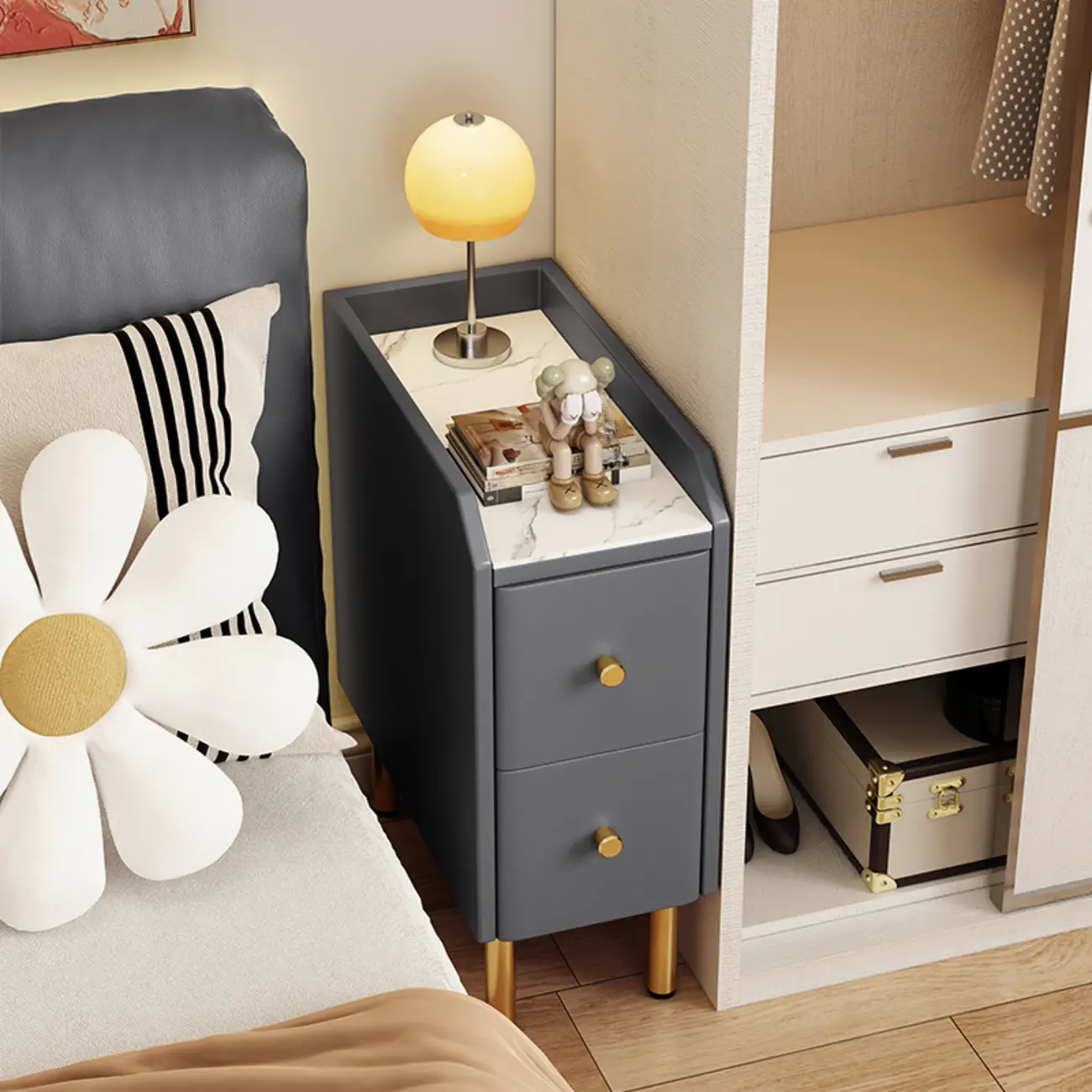 Trendy Narrow Stone Countertop 2 Tiers Drawer Nightstand