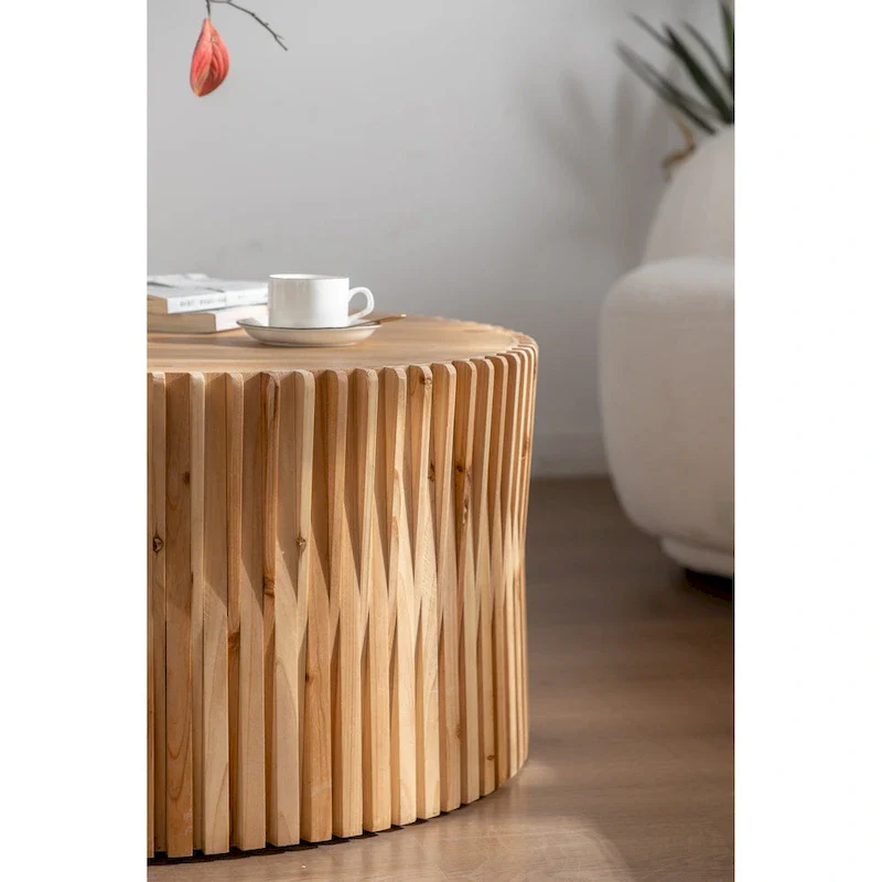 Retro Fashion Style Cylindrical Coffee Table with Vertical Texture Relief Design