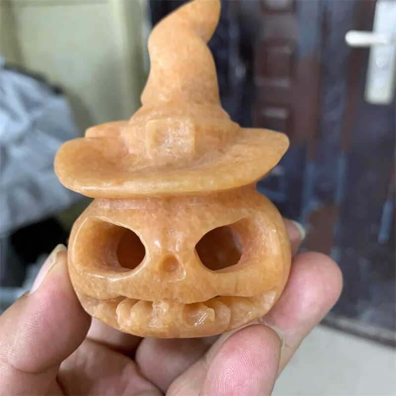 HULIANFU Sun Stone Halloween Pumpkin Skulls Collection Natural Stone Carved Wicca Figurine 1pcs - Deanwangkt