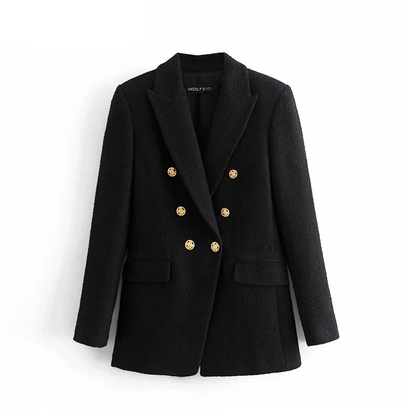 Hulianfu Blazer Women Traf Fashion Metal Double Breasted Woollen Blazers Coat Vintage Long Sleeve Female Outerwear Chic Tops - Deanwangkt