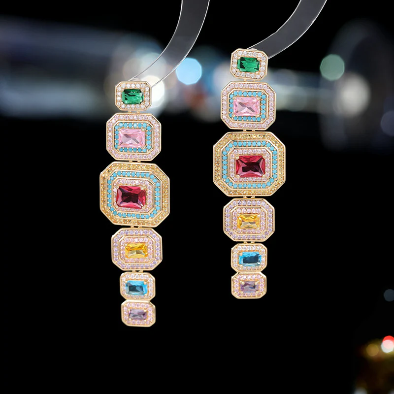 2025 retro new geometric colored treasure fashion earrings  court style exaggerated atmosphere long heavy industry earrings - Deanwangkt