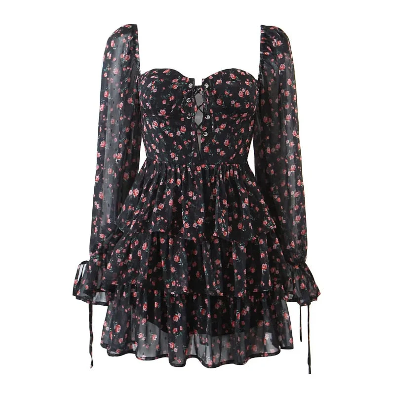 hulianfu Lolita Women's Mini Dresses Flower Printing Square Neck Robes for Women Sweet SLady Long Sleeve Ruffles Ladies Veastidos - Deanwangkt