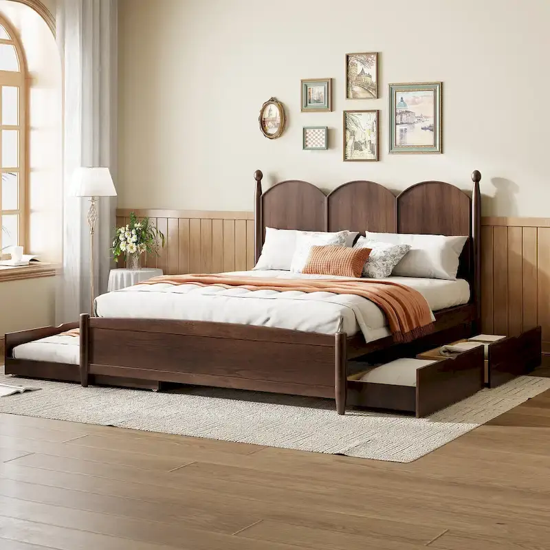 Queen Size Platform Bed with 2 Drawers, Multifunctional Storage Bed Frame with Twin XL Size Trundle