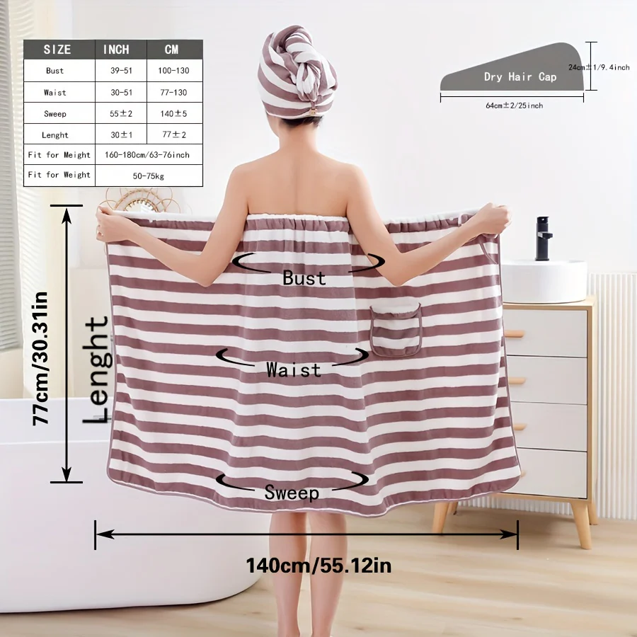 2pcs High Quality Striped Bath Towel Set, 1 Soft Cover Up Towel Skirt + 1 Super Absorbent Hair Drying Towel, Skin-friendly Shower Towel Set Gift, Bathroom Supplies, Home Supplies - Deanwangkt