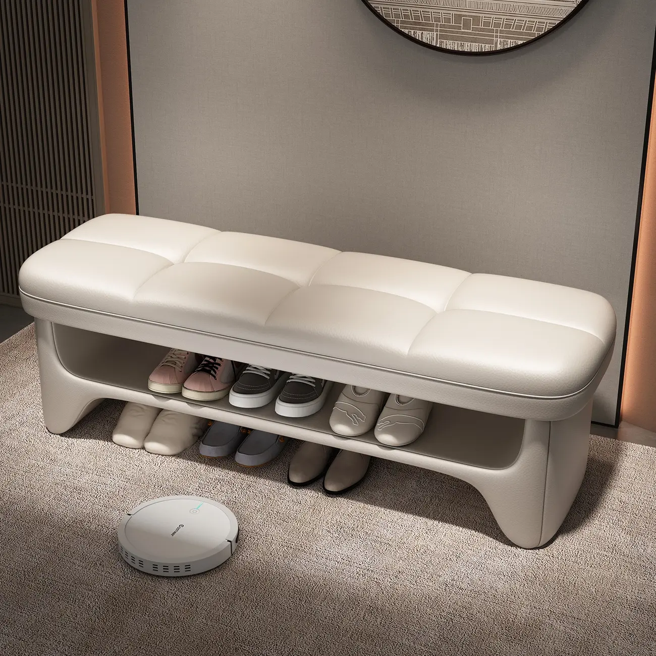 Cushioned Solid Color Modern Entryway Bench with Storage