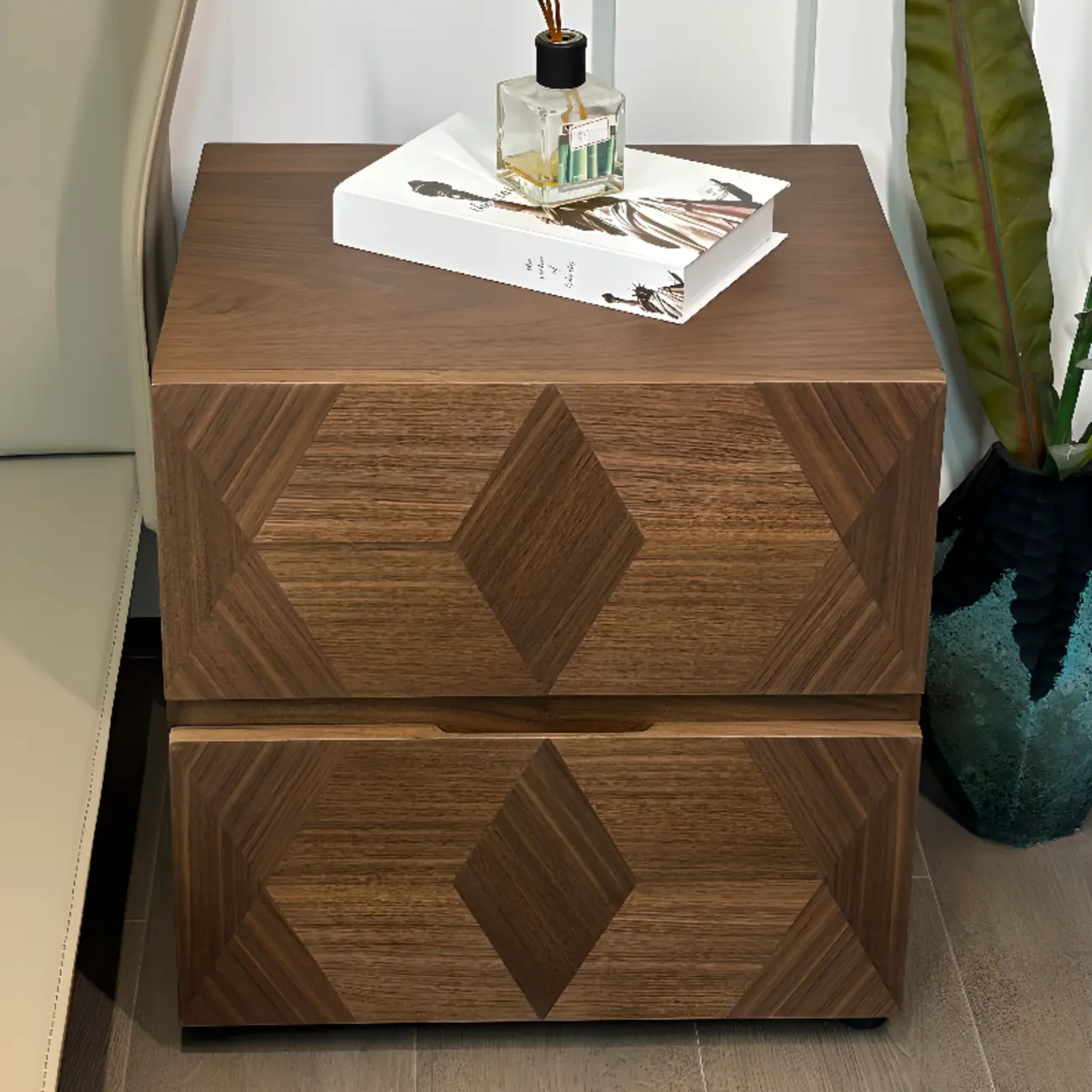 Elegant Nut Brown Narrow 2-drawer Wood Nightstand