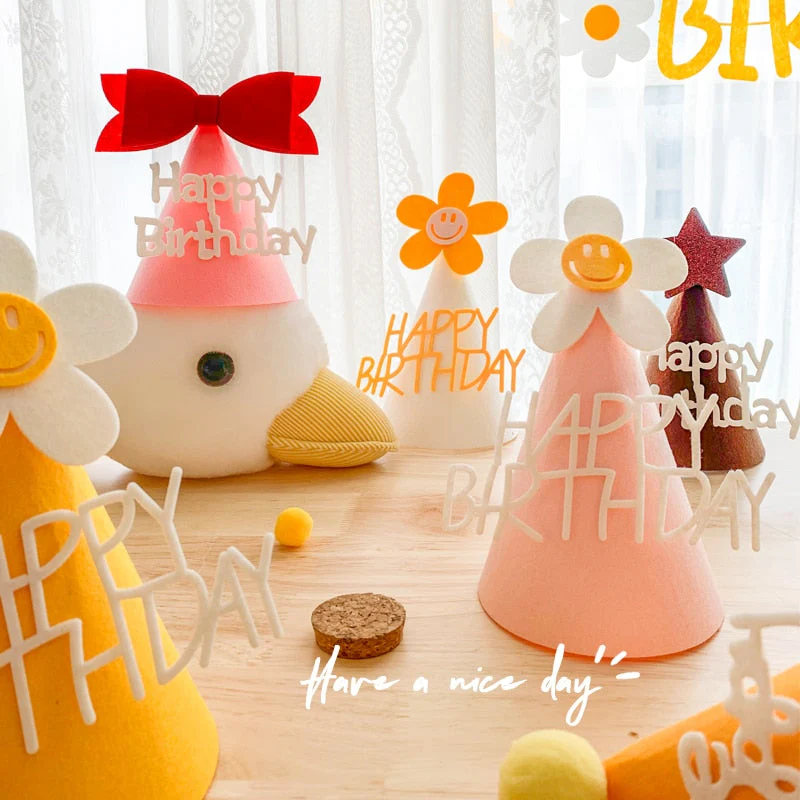 HULIANFU ins Kids Yellow Flower Birthday Hat Little Daisy Party Hat Baby Shower Headwear White Happy Birthday Smile Headband - Deanwangkt
