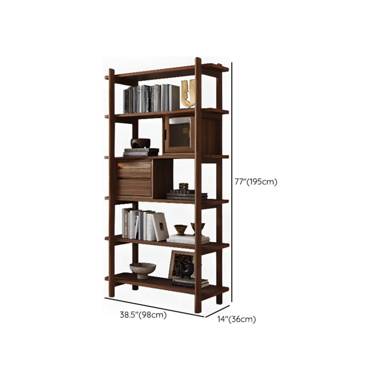 Black Walnut Open Back Wooden Vertical Display Bookshelf