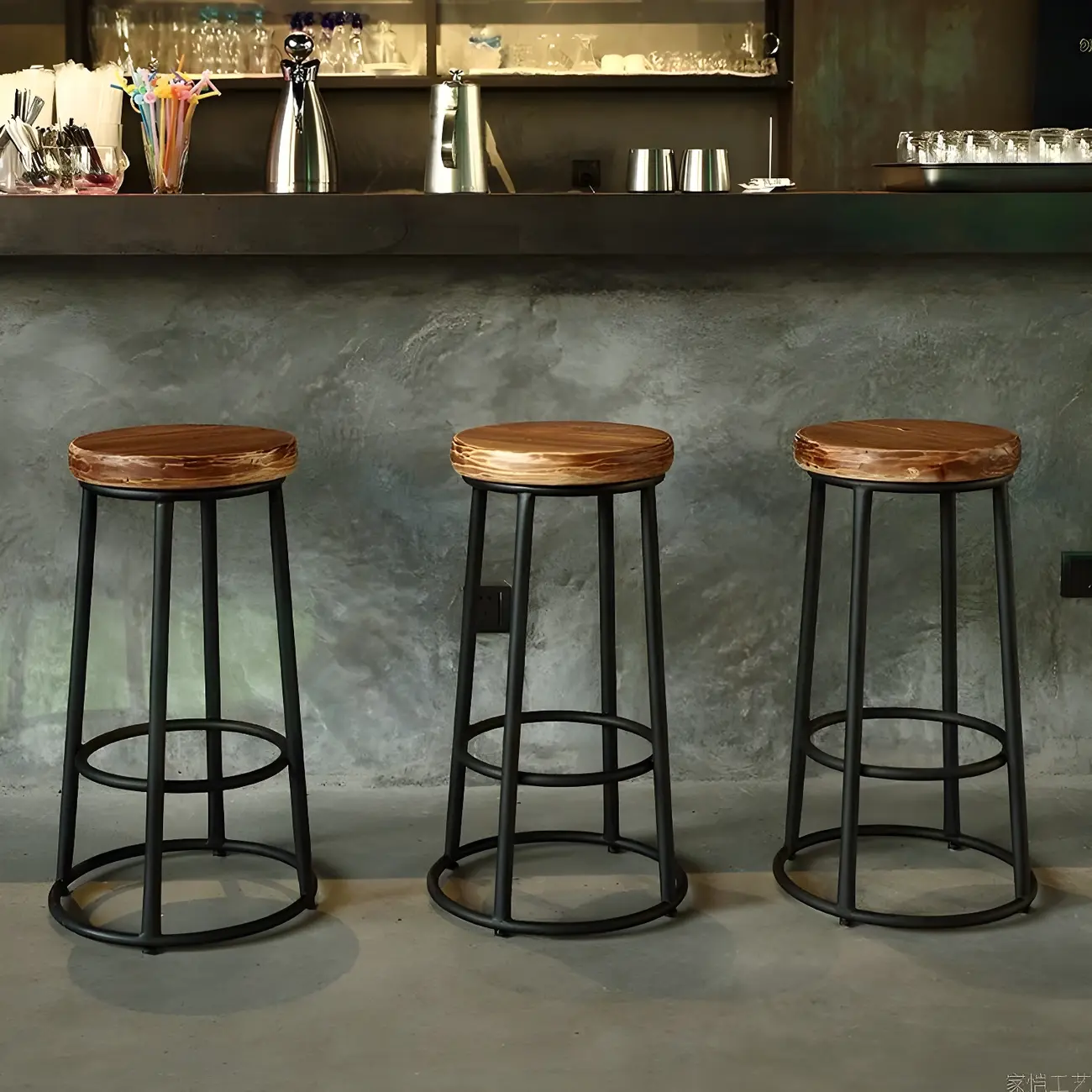 Backless Industrial Round Wooden Bar Stools