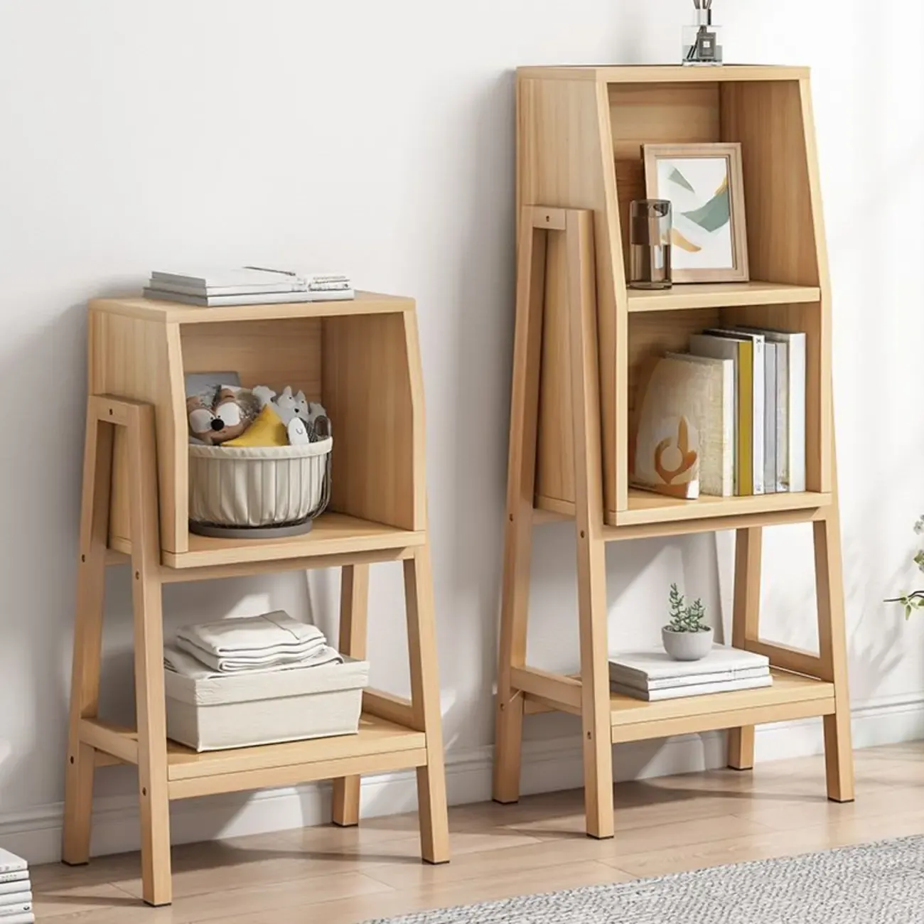 Narrow 2-Tier Natural White Wooden Ladder Bookcase