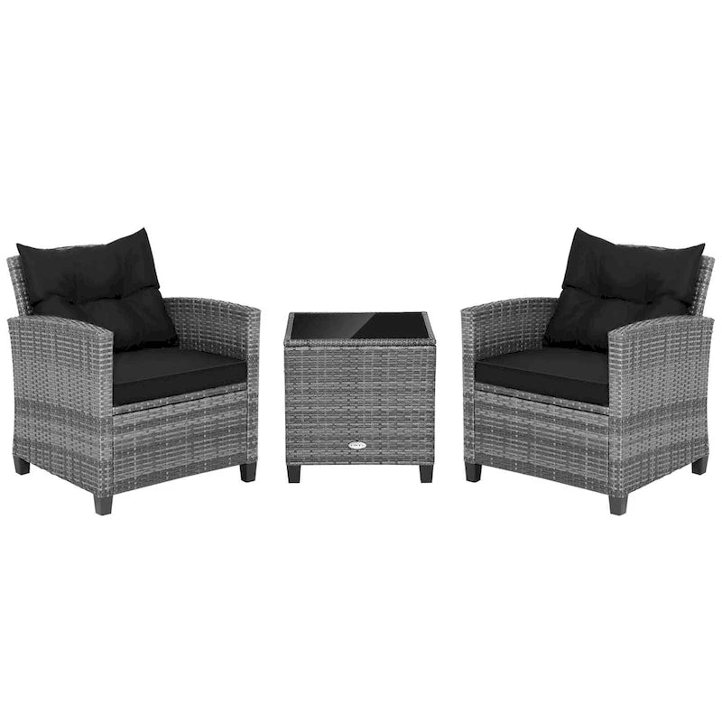 Gymax Set of 3 Rattan Furniture Bistro Set Cushioned Sofas Side Table