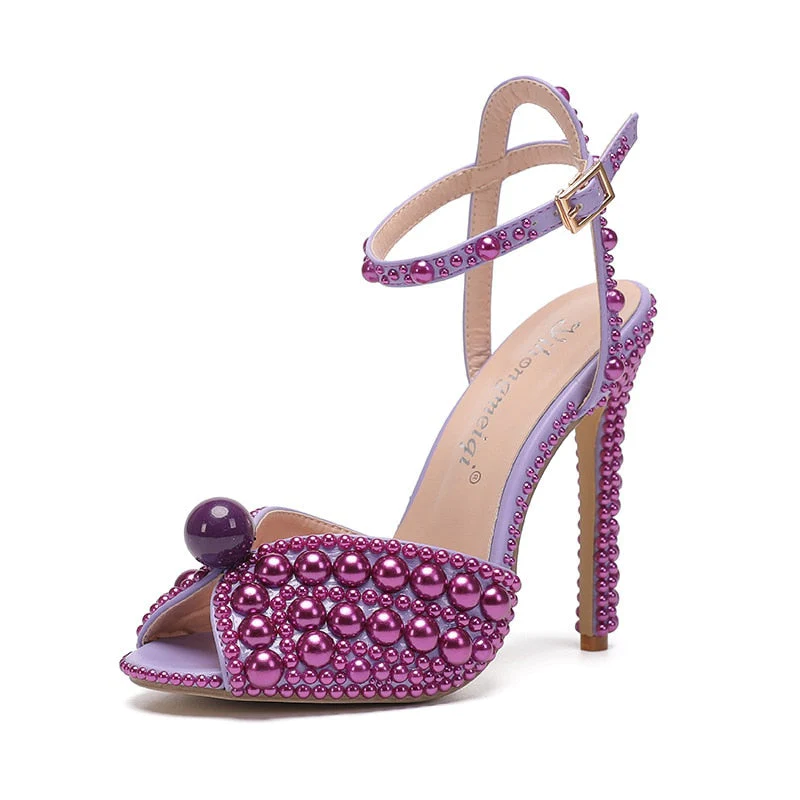 Women Sandals Fashion High Quality Wedding Shoes Women New Pearls Studs Luxury Peep Toe High Heels Buckle Woman Sandal 43 - Deanwangkt