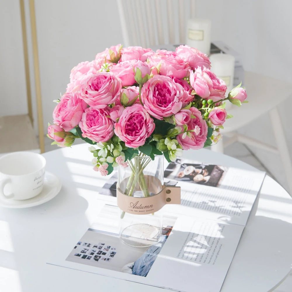 HULIANFU White Roses Artificial Flowers Silk Peonies Wedding Decorative Vases for Home Decor Bride Bouquet Foam Craft Gifts Fake Plants - Deanwangkt