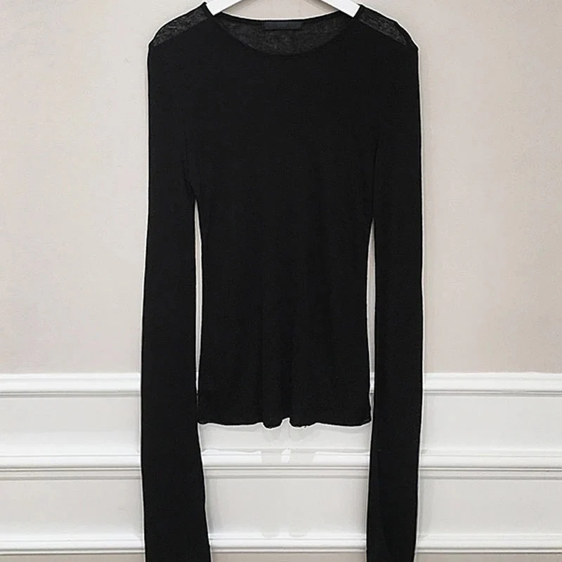 Hulianfu Sexy Shirt Women T-Shirt Long Sleeve Korean Style Slim Basic Elasticity Tshirt Top Womens Clothing T Shirt Femme - Deanwangkt