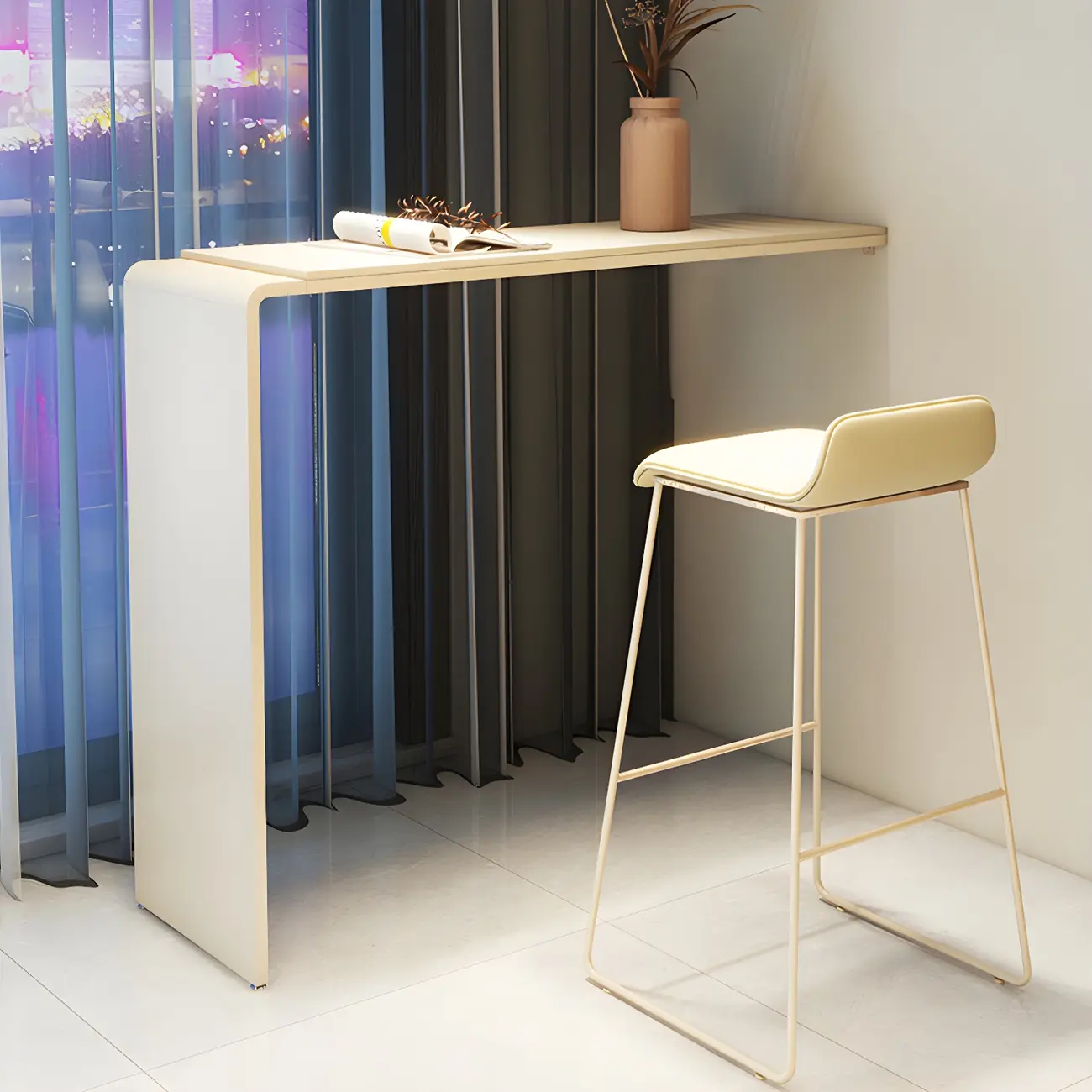 Modern Beige Stone Metal Wall Mounted Bar Tables