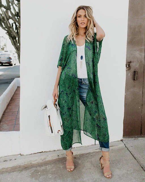 Leaves Print Bikini Beach Cover up Tunics for Beach Long Kaftan Bikini Cover up Robe de Plage Sarong Beach Swimsuit cover-ups - Deanwangkt