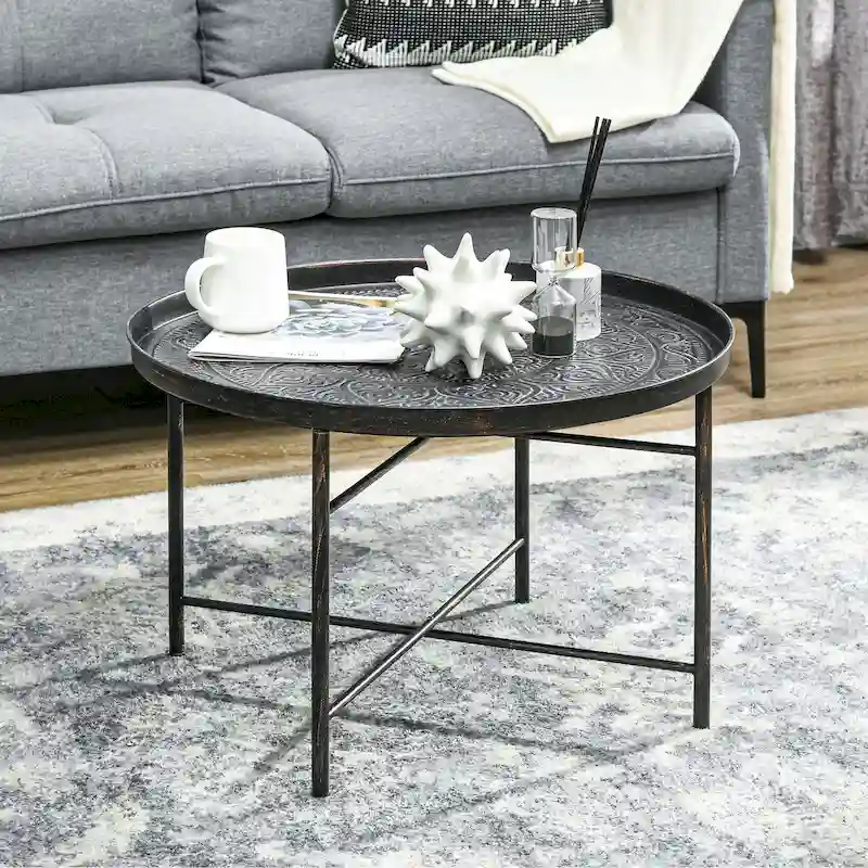 HOMCOM 24 Round Coffee Table with Hammered Tray Top, Vintage Metal Center Table for Living Room, Bedroom, Side Table