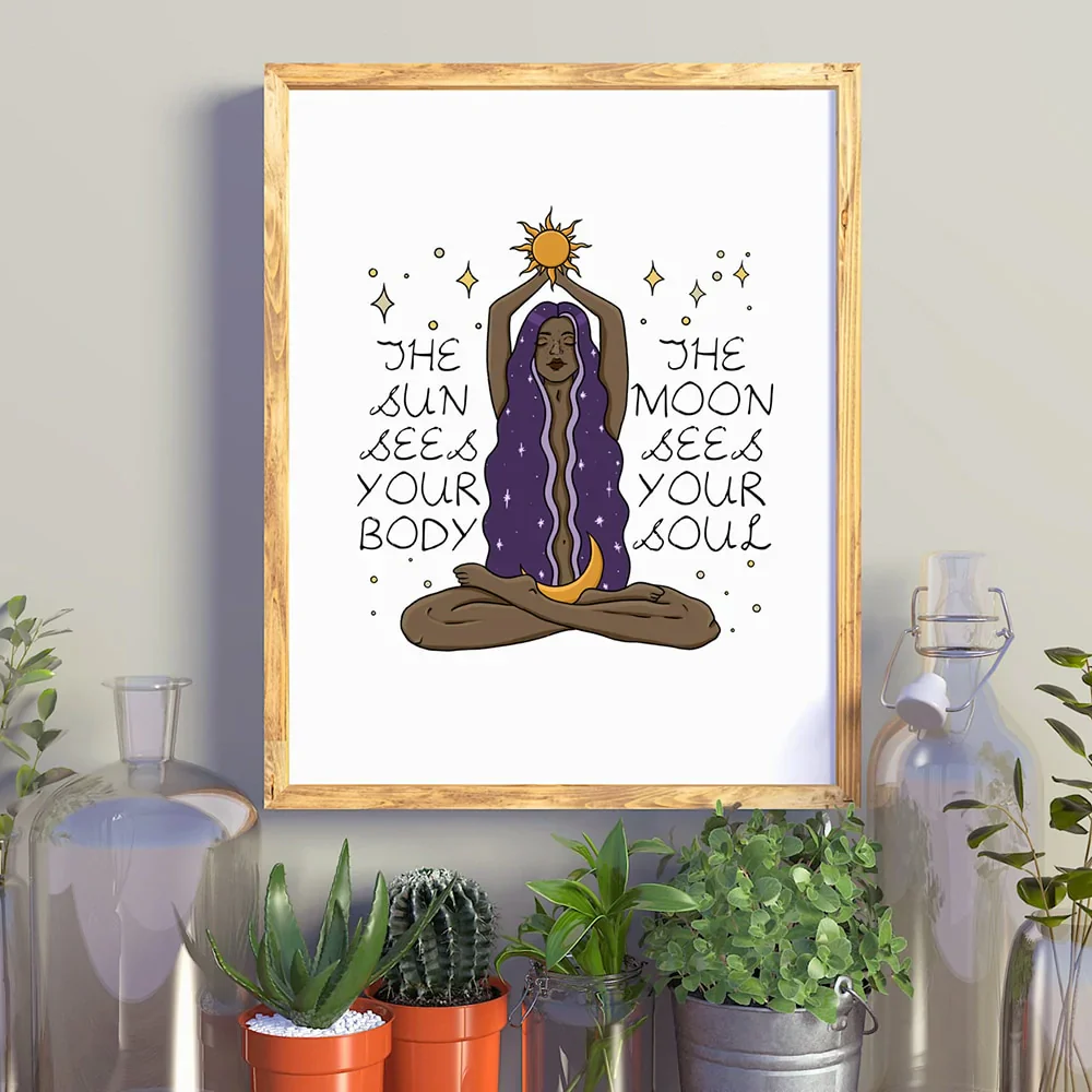 HULIANFU Nordic Style Feminine Posters and Prints Female Celestial Wall Art Sun Moon Body Soul Wall Pictures for Living Room Home Decor - Deanwangkt