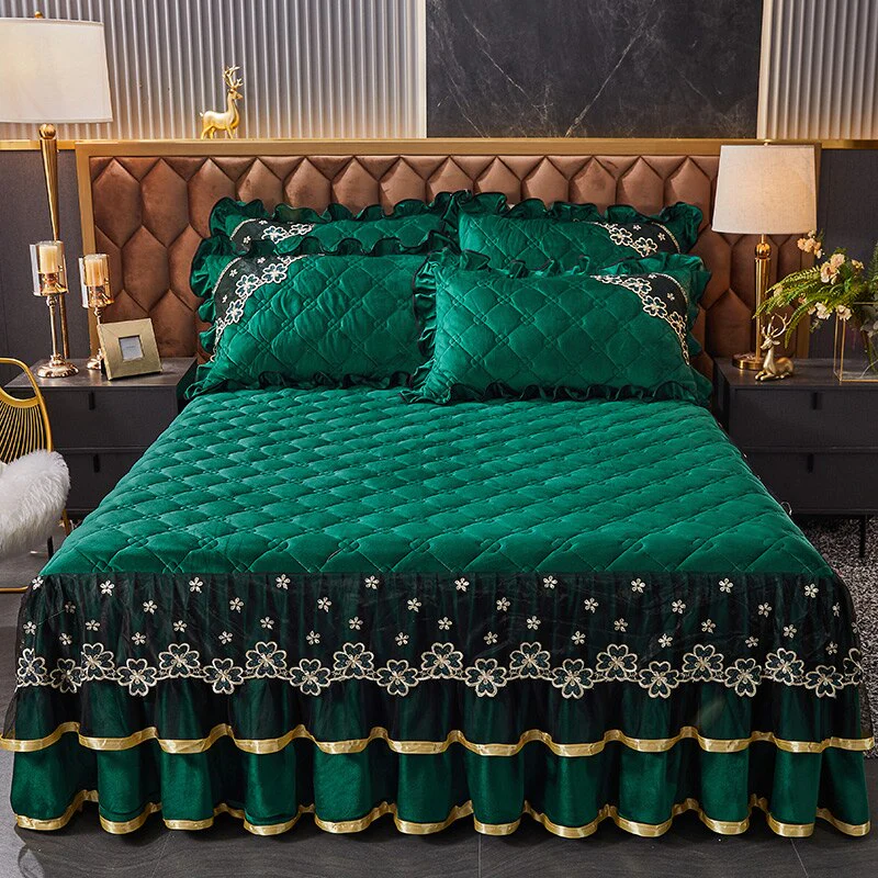 HULIANFU Luxury Super Soft Crystal Velvet Fleece Lace Ruffles Quilted Bed Skirt Mattress Cover Bedspread Pillowcase Bedding Home Textiles - Deanwangkt