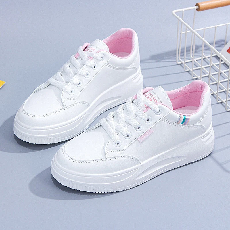 hulianfu Women White Sneakers Autumn Lace Up Thick Bottom Casual Flats Anti-slip Outdoor Walking Sports Board Shoes Sapatos Femininos - Deanwangkt