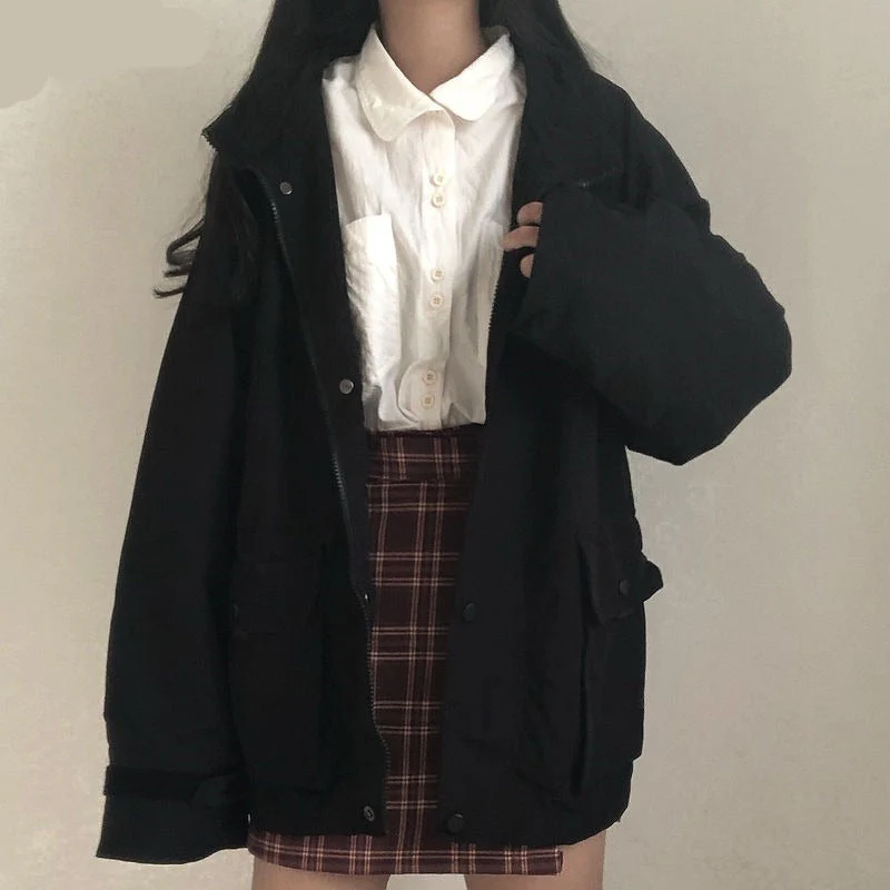 Basic Jackets Women Chic All-match Retro Solid Zipper Design Ulzzang Lovely Fashion Teens Overcoats Daily Vintage Womens Outwear - Deanwangkt