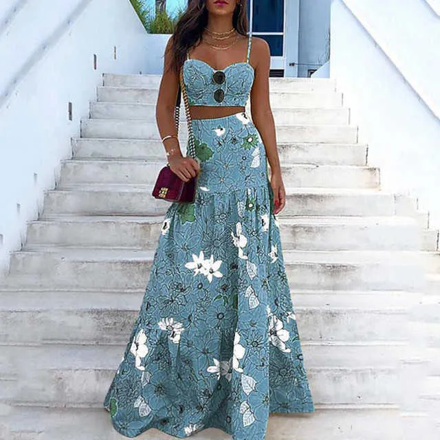 Two Piece Dress Floral Print Summer Dresses For Women  Two Piece Skirt Set Spaghetti Strap Crop Top And Maxi Long Skirt Party 2 Piece Sets T230113 - Deanwangkt