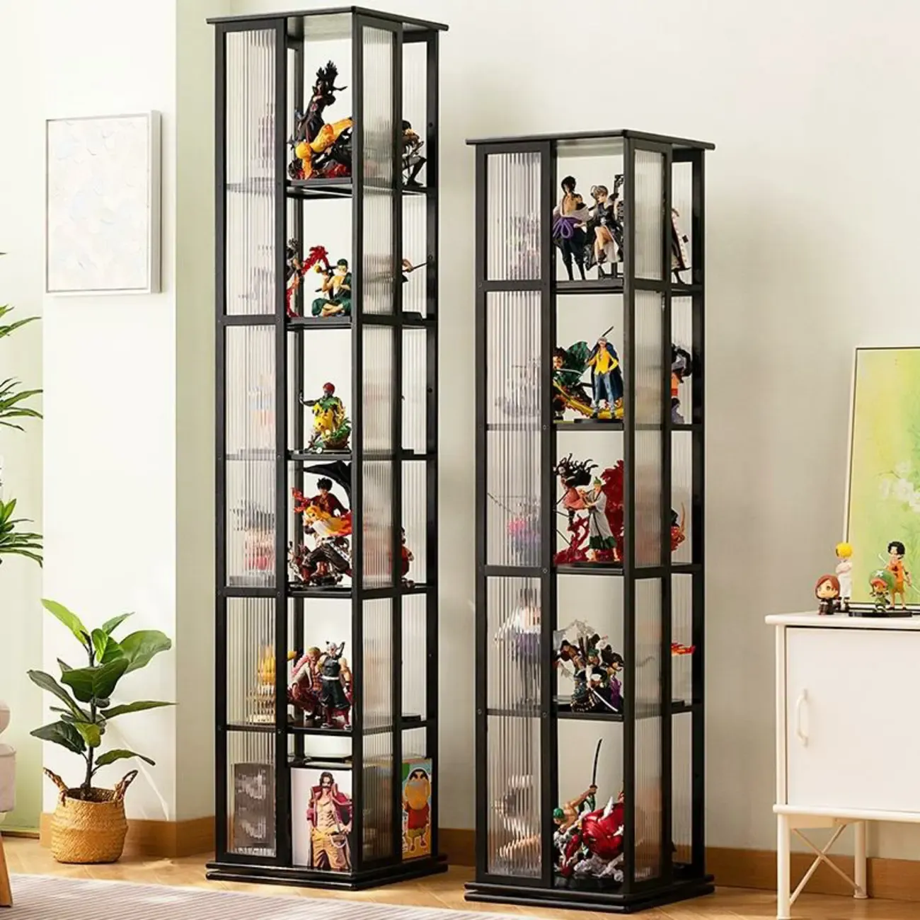 Modern Black Bamboo Tall Narrow Glass Open Display Cabinet
