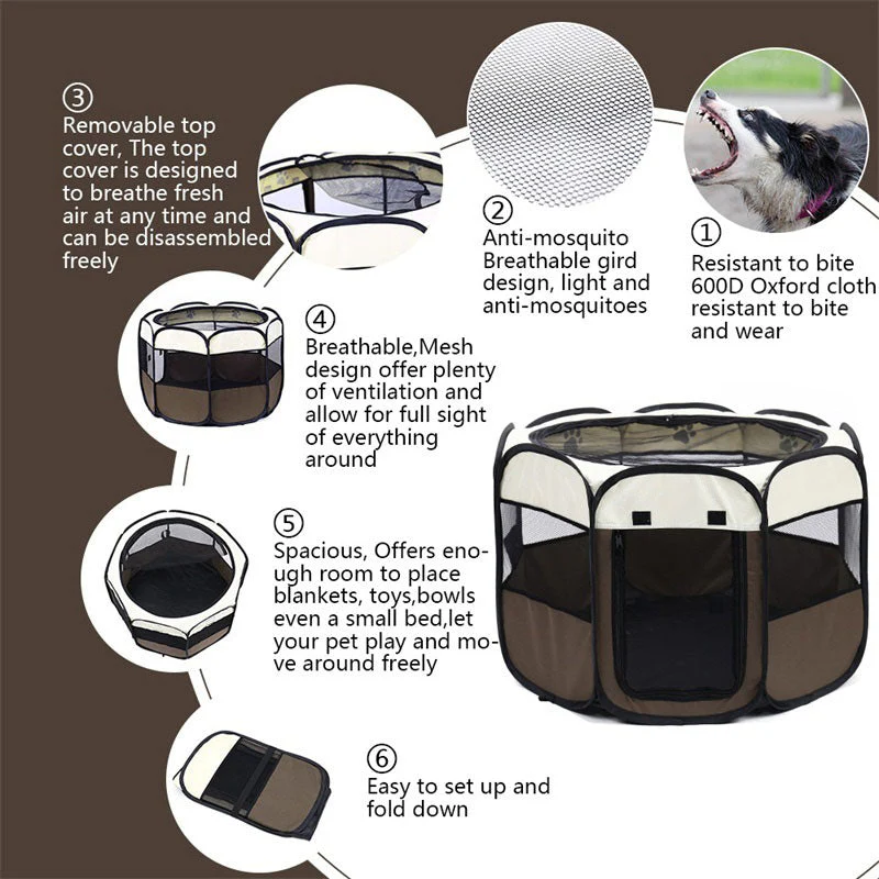 HULIANFU Portable Folding Pet Carrier Tent  Playpen Breathable Easy Operation Octagon Fence Outdoor Removable Puppy Kennel Bed For Cats - Deanwangkt