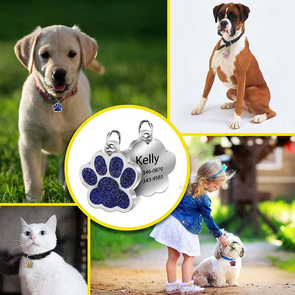 HULIANFU Personalized Dog Cat Tags Engraved Cat Dog Puppy Pet ID Name Collar Tag Pendant Pet Accessories Paw Glitter Pendant - Deanwangkt