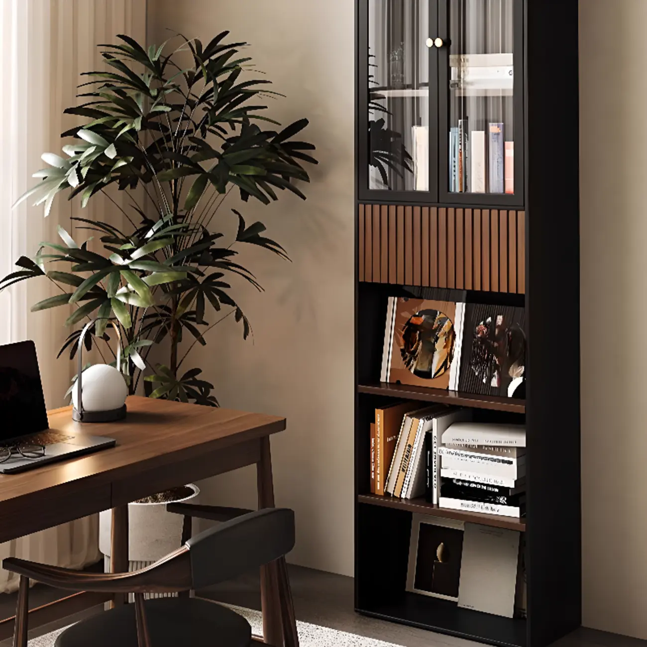 Tall French Country Display Wooden Bookcase with Cushioned Bench