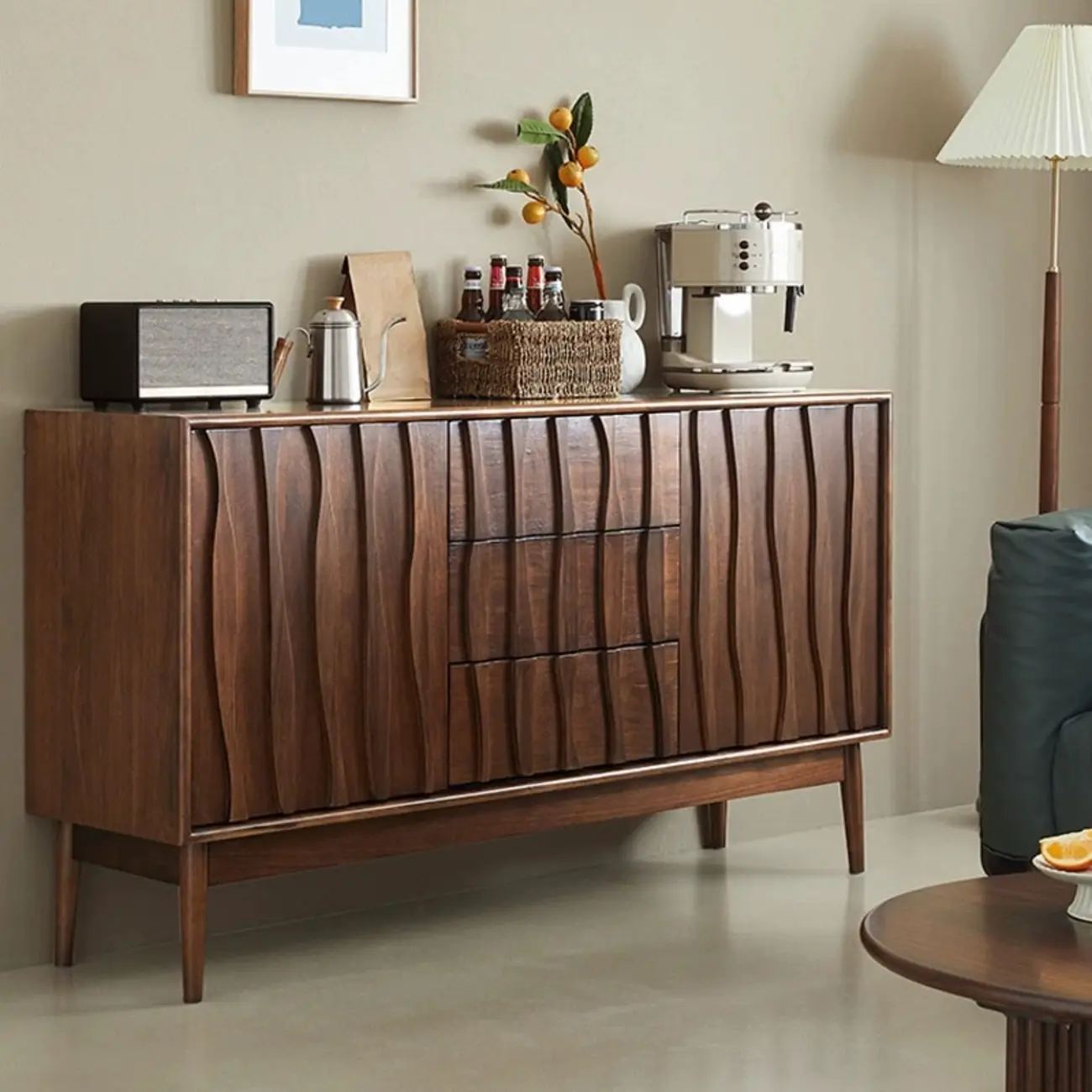 Scandinavian Brown Solid Wood Buffet Table with Drawers