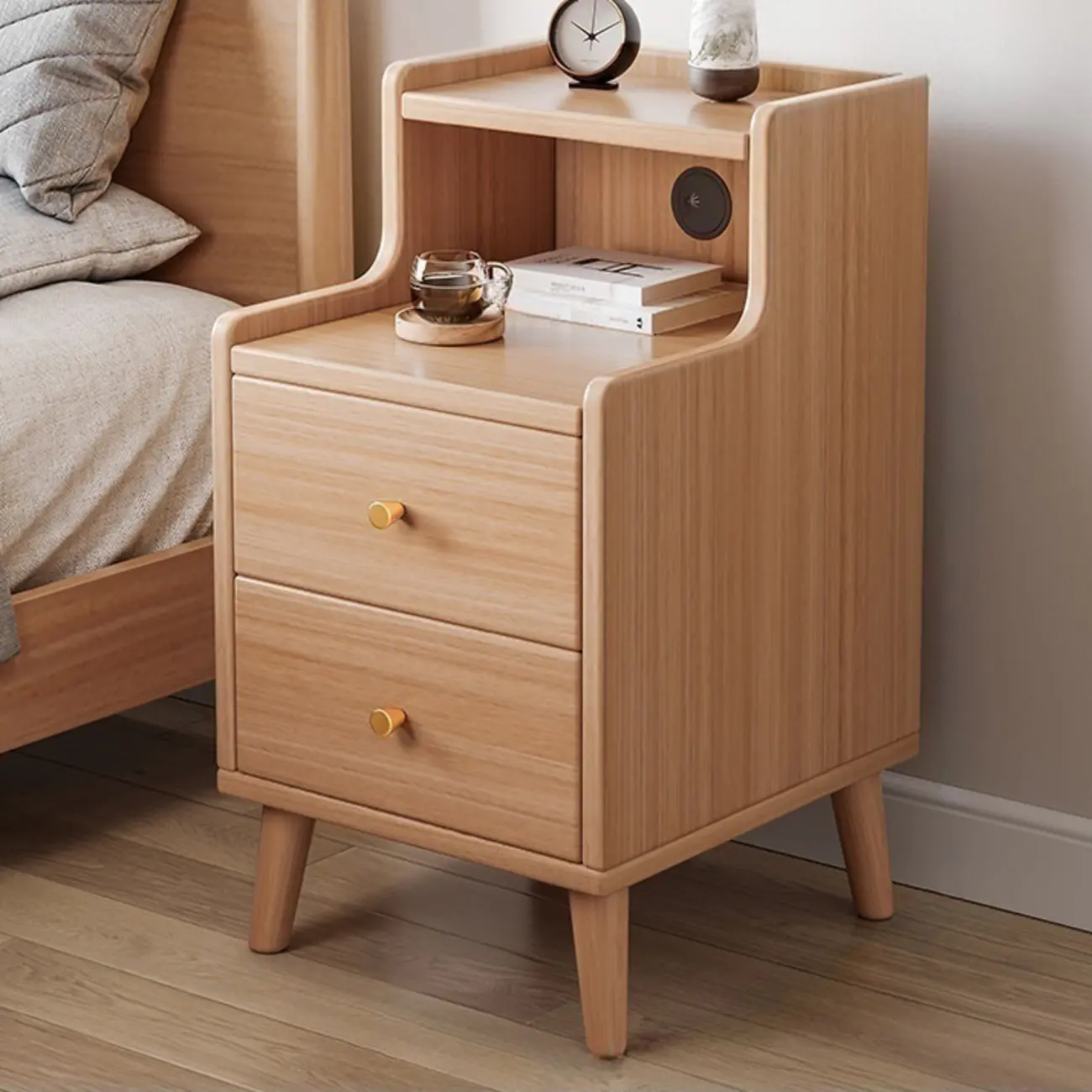 Natural Wood Scandinavian 2-Drawers Narrow Nightstand