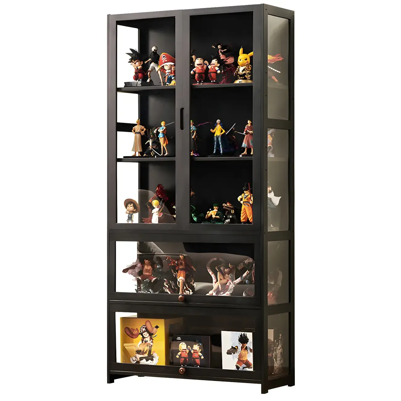 Modern Black Bamboo Adjustable Shelves Glass Display Cabinet