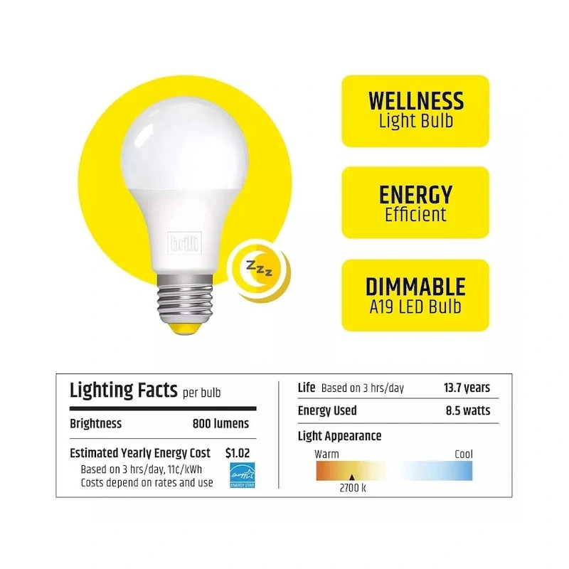 Wind Down LED Light Bulb by Brilli A19 60 Watt Dimmable 2700K (1 Pack) - White