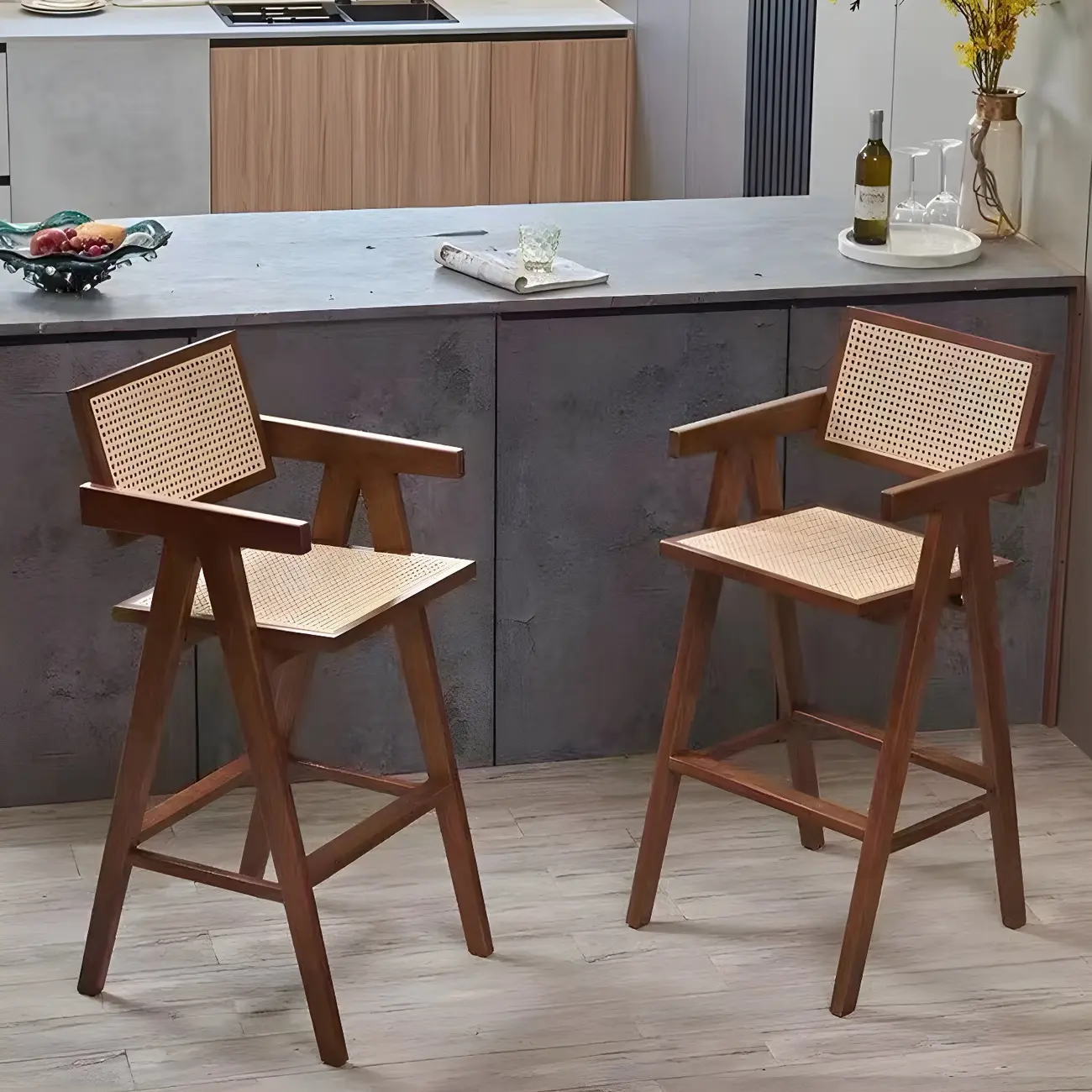 Mid-Century Rattan Square Stackable Counter Height Stools