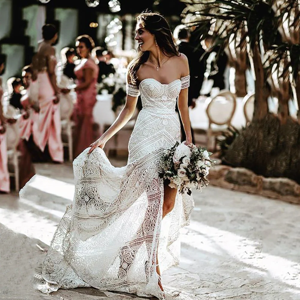hulianfu Simple Boho Mermaid Lace Wedding Dresses Ivory Off the Shoulder Trumpet Bohemian Bridal Gowns Long Beach Bride Dresses - Deanwangkt