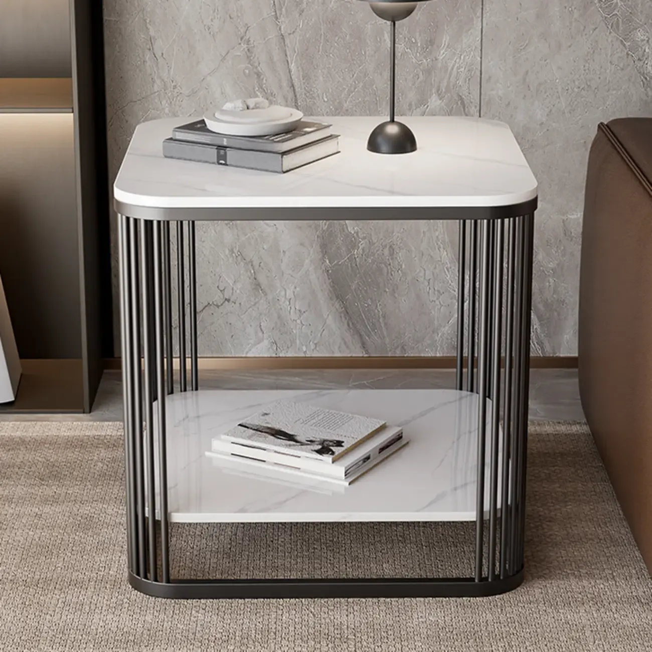 Sleek Square Stone Top Metal Frame Side Table in White/Black