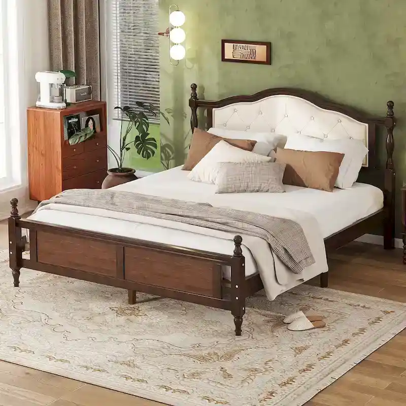 Queen Pine Wood Bed with Upholstered Headboard & Panel Footboard, Hidden Storage,Walnut