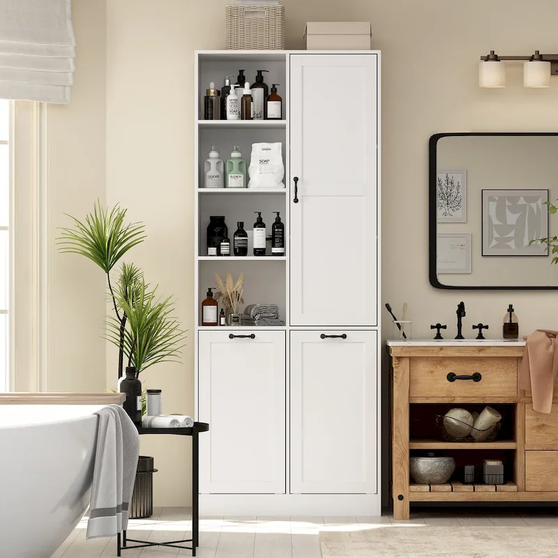 Sleek White Laundry Bathroom Cabinet with Unique Rotating Drawers