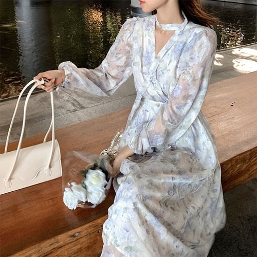 Hulianfu Summer Basic Long Dress Long Sleeve V-Neck Floral Printed Retro Vintage A-Line Women Dresses Chic Korea Fashion Vestidos - Deanwangkt